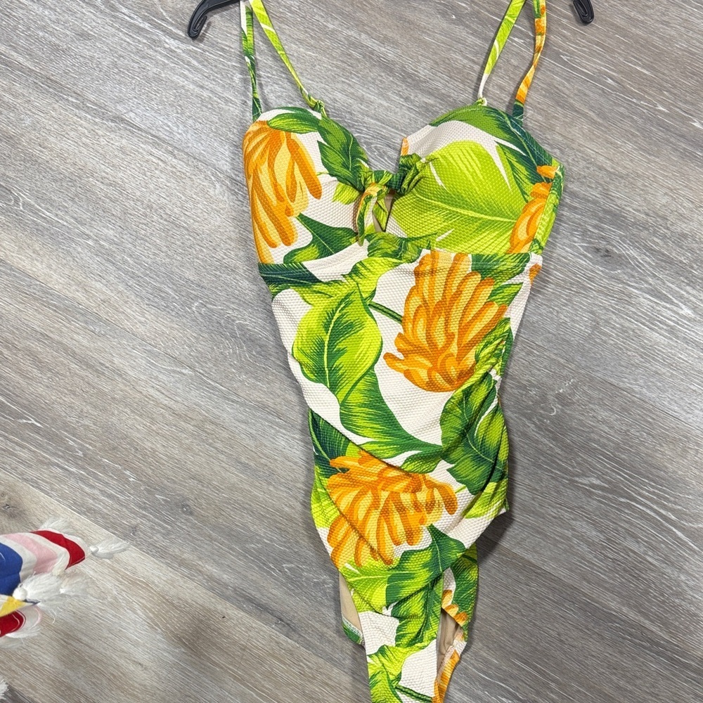 Kona Sol Green and Yellow Floral One Piece Swimsuit